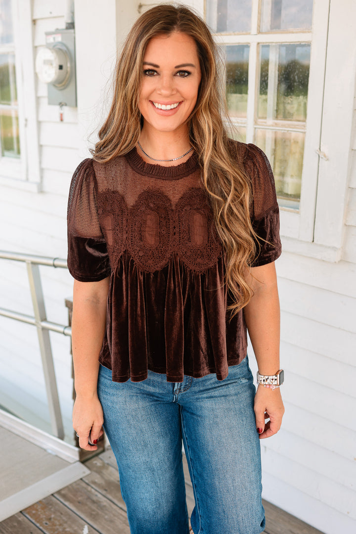 Lexie Velvet Scallop Top - Chocolate