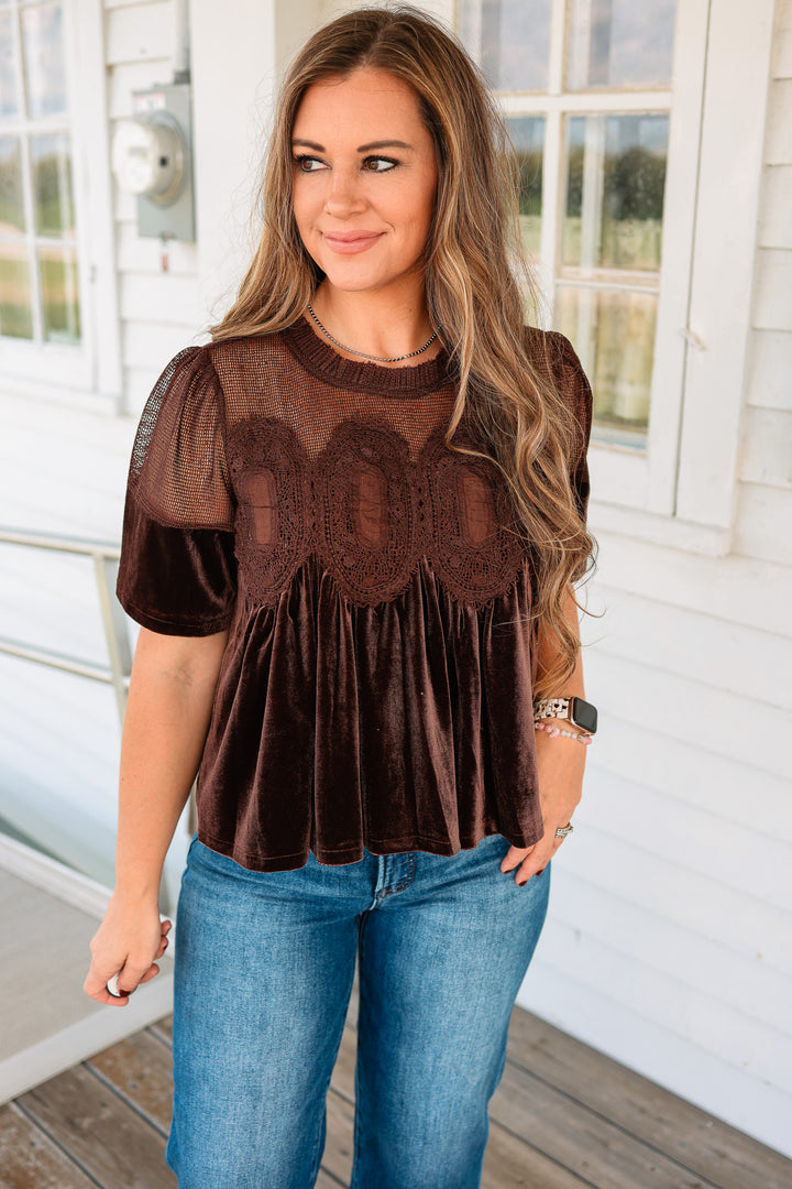 Lexie Velvet Scallop Top - Chocolate
