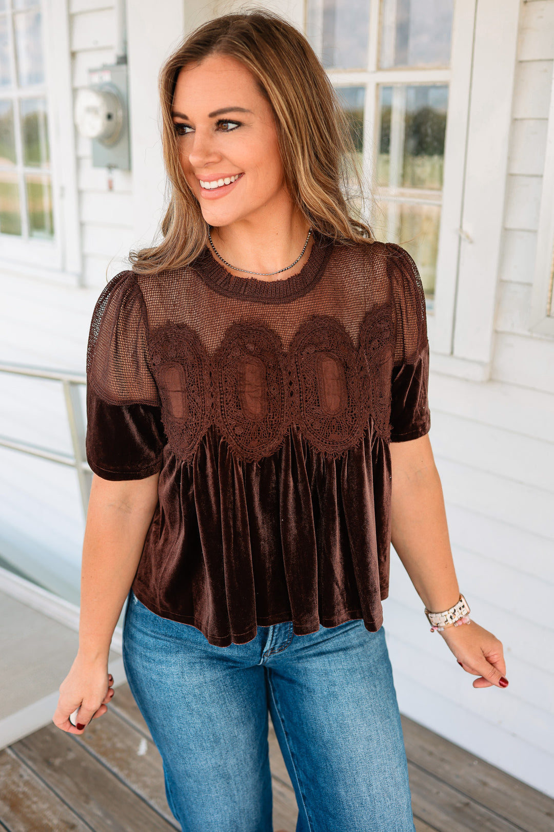 Lexie Velvet Scallop Top - Chocolate
