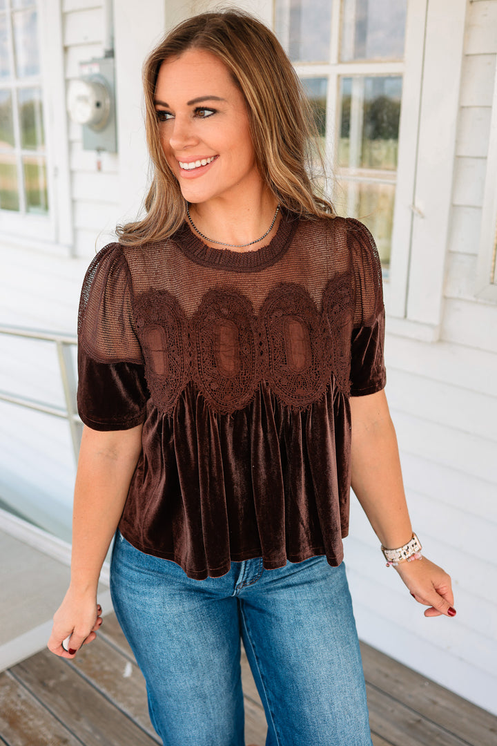 Lexie Velvet Scallop Top - Chocolate