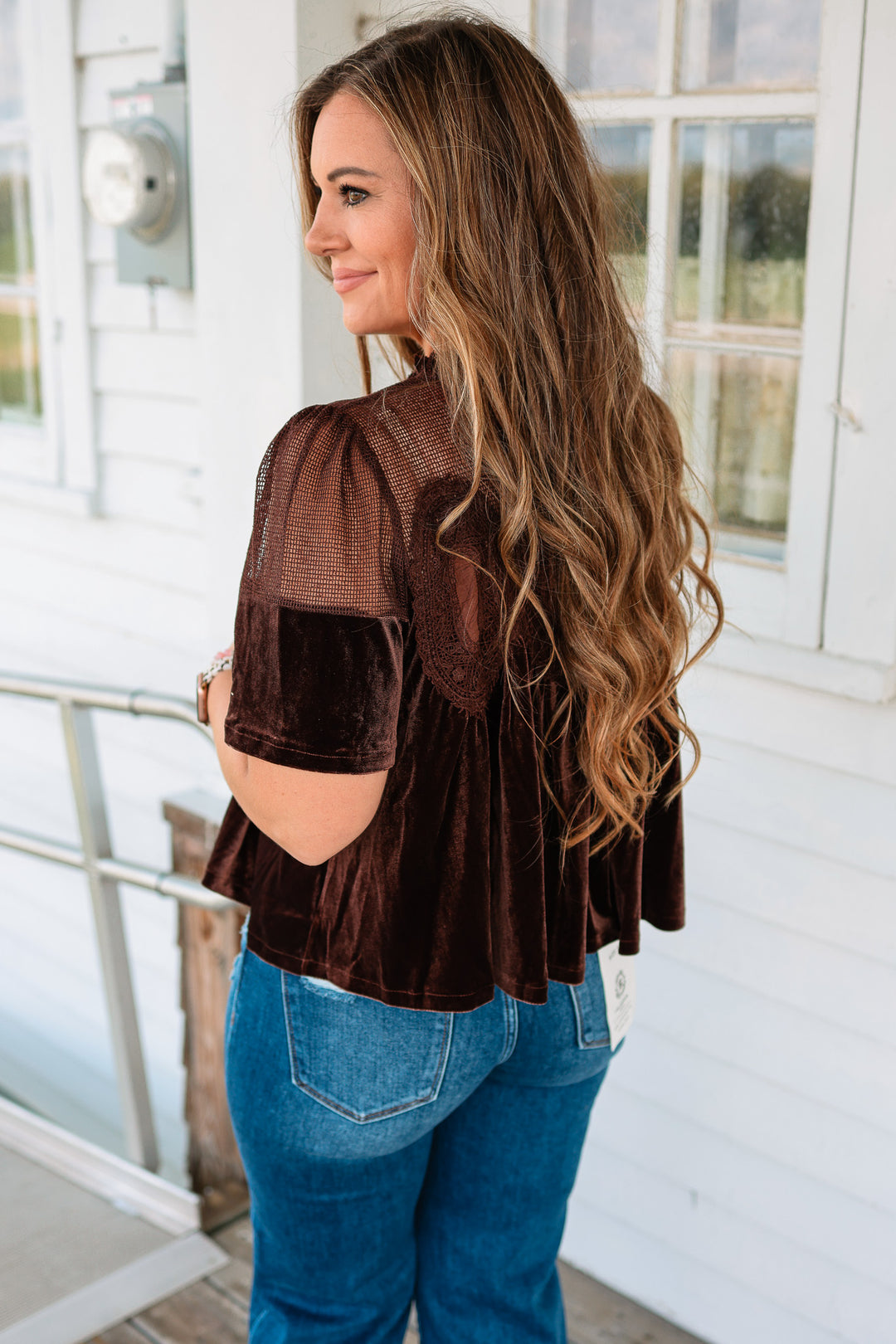 Lexie Velvet Scallop Top - Chocolate