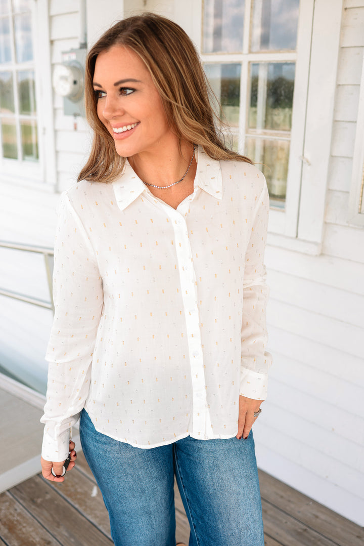 Etta Lurex Clip Dot Button Down Shirt