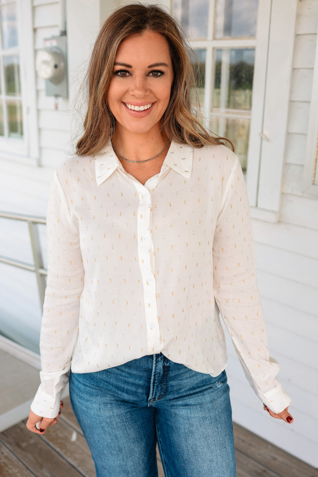 Etta Lurex Clip Dot Button Down Shirt