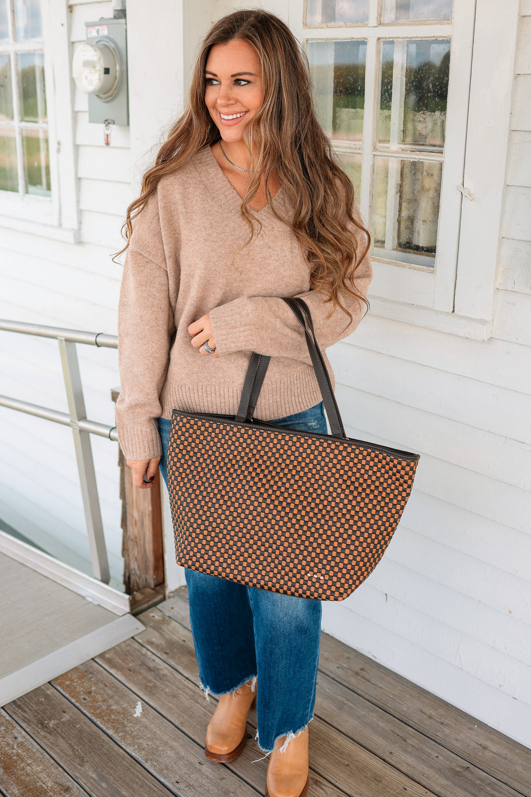 Woven Tiffany Organizer Tote Bag - Checkered Coffee