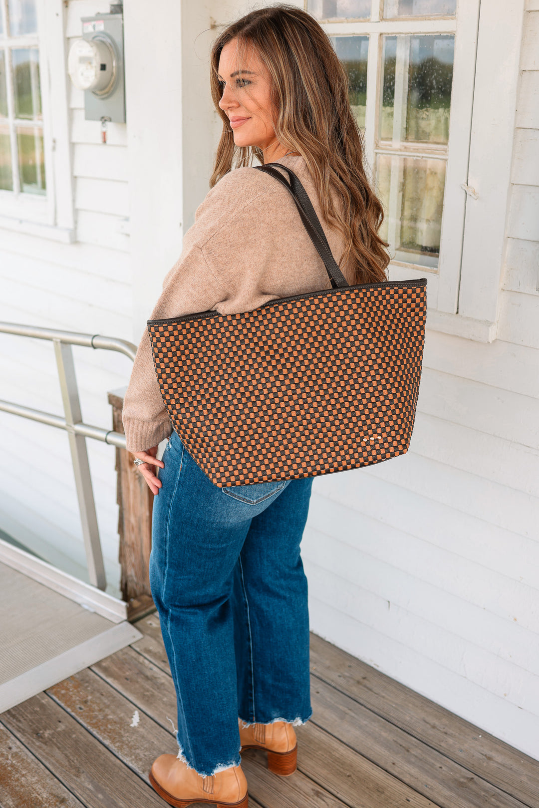 Woven Tiffany Organizer Tote Bag - Checkered Coffee