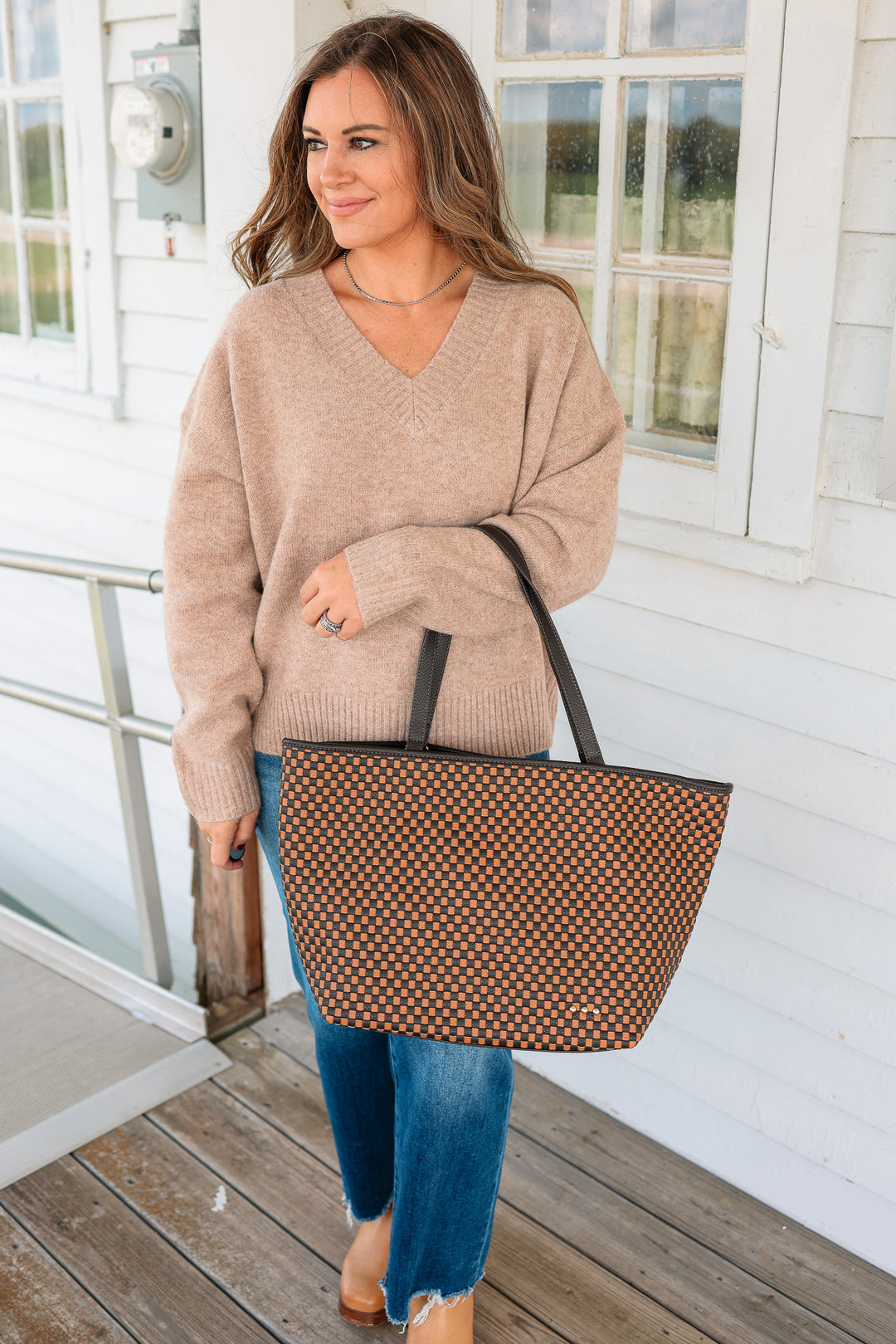 Woven Tiffany Organizer Tote Bag - Checkered Coffee