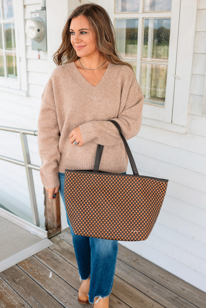 Woven Tiffany Organizer Tote Bag - Checkered Coffee