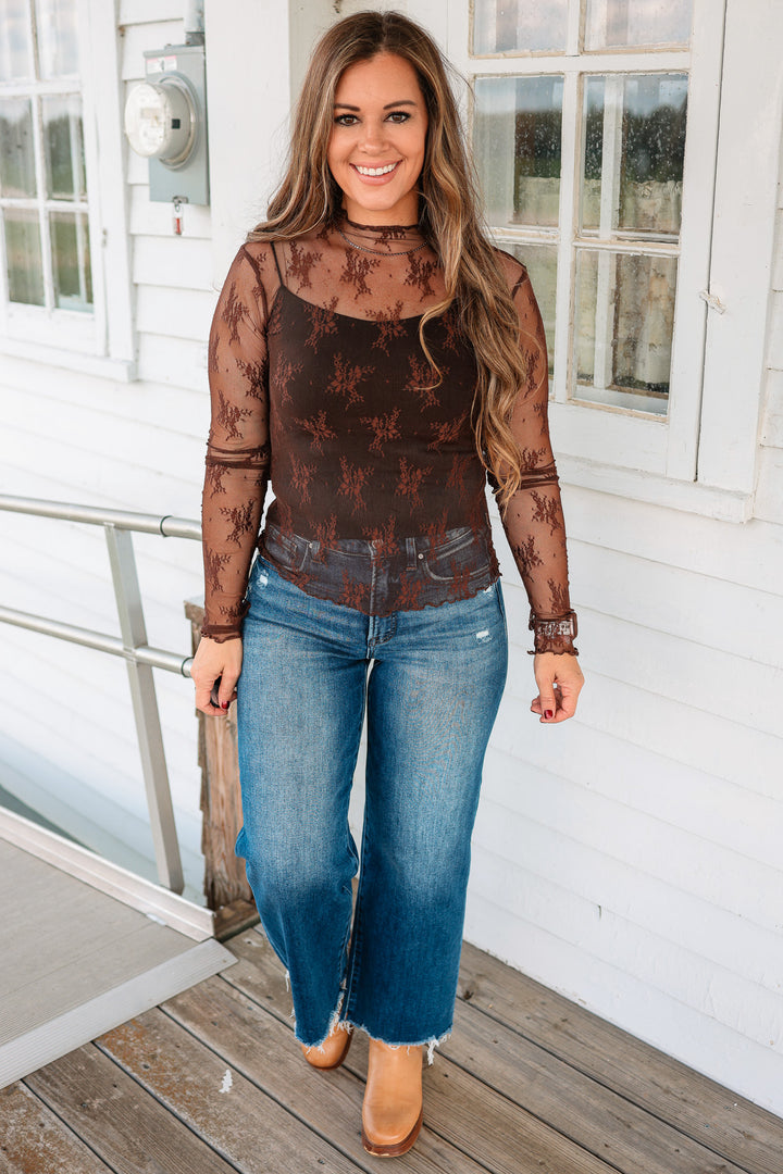 Kian Mock Neck Lace Top - Black Coffee