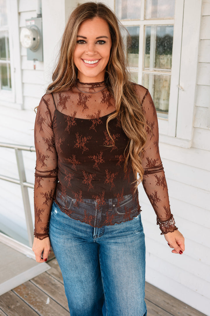 Kian Mock Neck Lace Top - Black Coffee