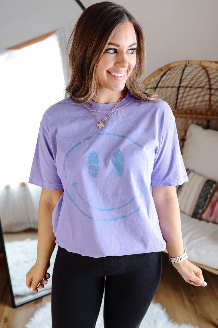 Colorful Distressed Happy Faces Graphic Tee - Multiple Color