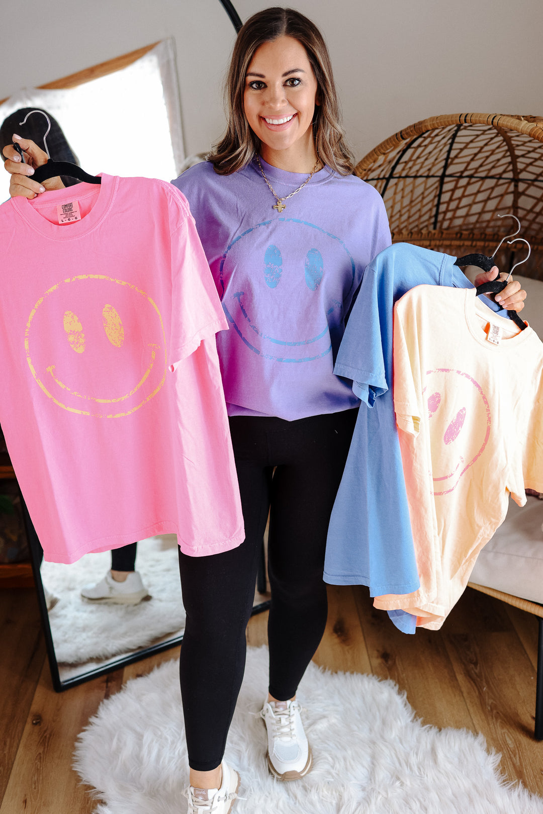 Colorful Distressed Happy Faces Graphic Tee - Multiple Color