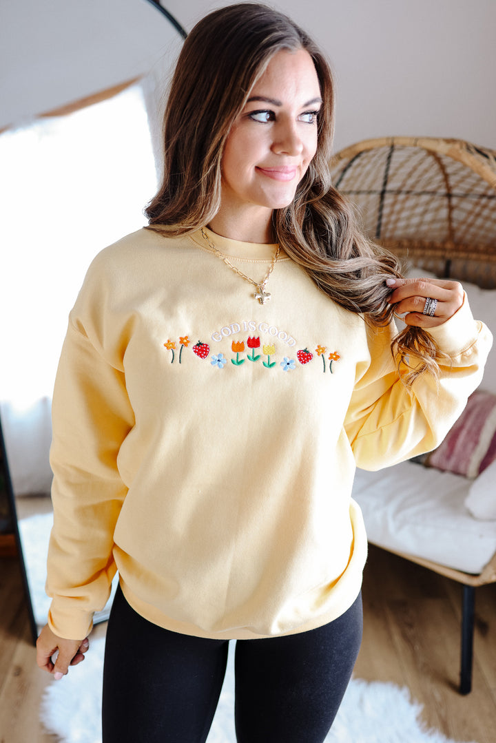 Flowers & Fruit God Is Good Embroidered Sweatshirt - Yellow Haze