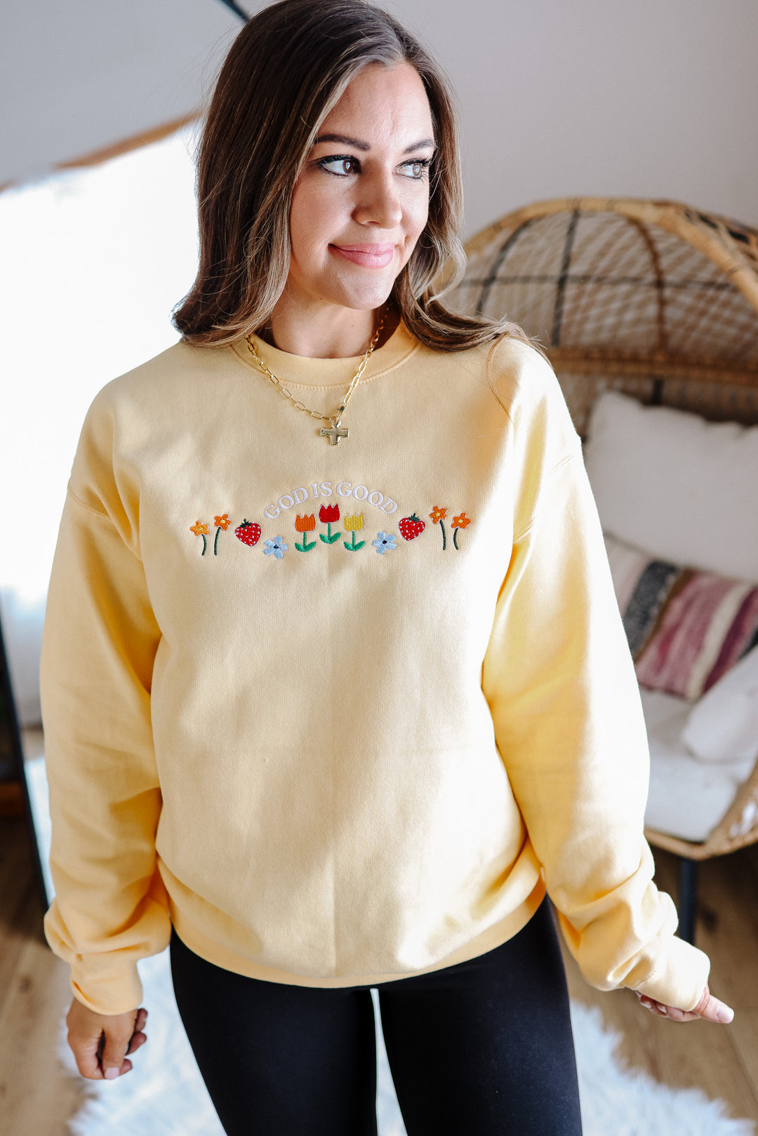 Flowers & Fruit God Is Good Embroidered Sweatshirt - Yellow Haze