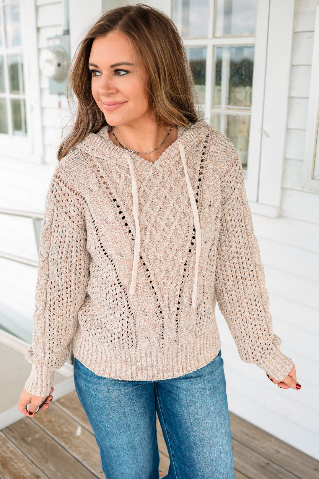 Nara Cable Knit Hoodie Sweater - Taupe