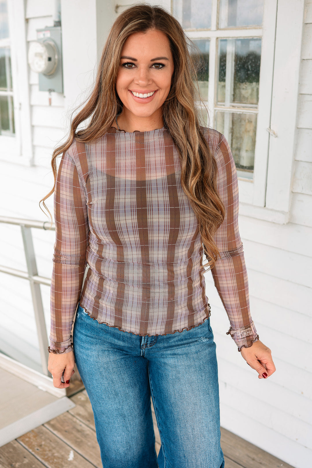Dani Mesh Plaid Print Mockneck Top - Lavender