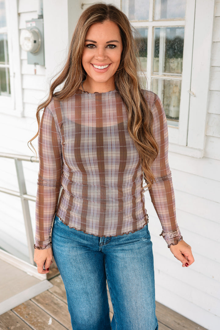 Dani Mesh Plaid Print Mockneck Top - Lavender
