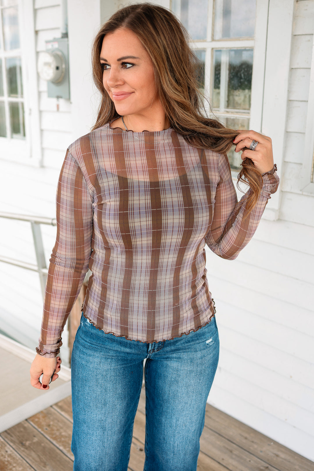 Dani Mesh Plaid Print Mockneck Top - Lavender