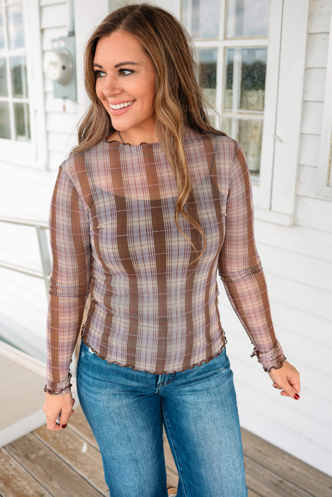 Dani Mesh Plaid Print Mockneck Top - Lavender