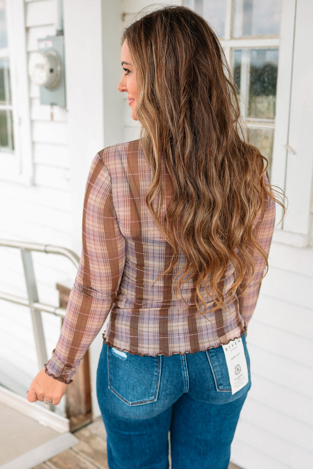 Dani Mesh Plaid Print Mockneck Top - Lavender