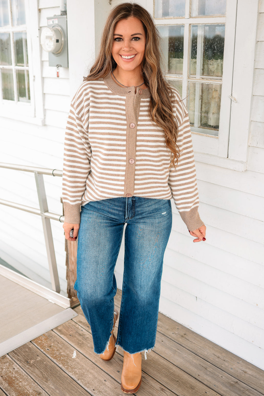Jayla Striped Button Down Cardigan - Taupe