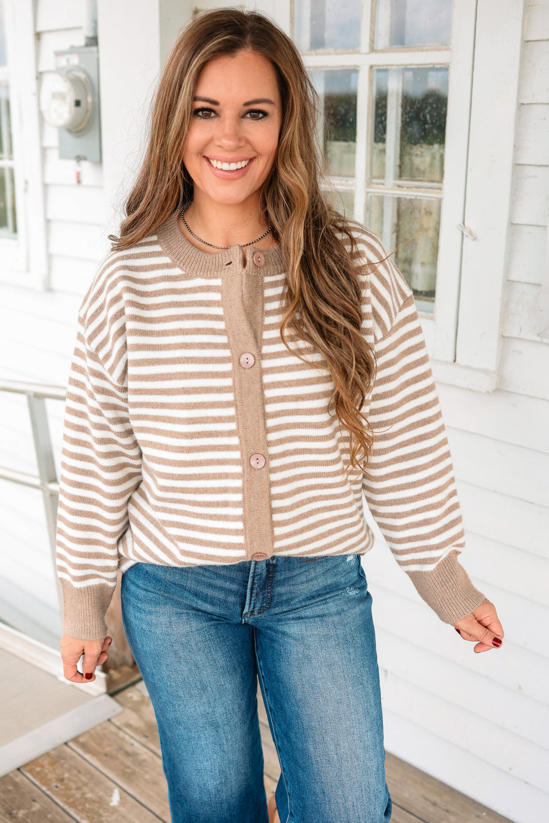 Jayla Striped Button Down Cardigan - Taupe