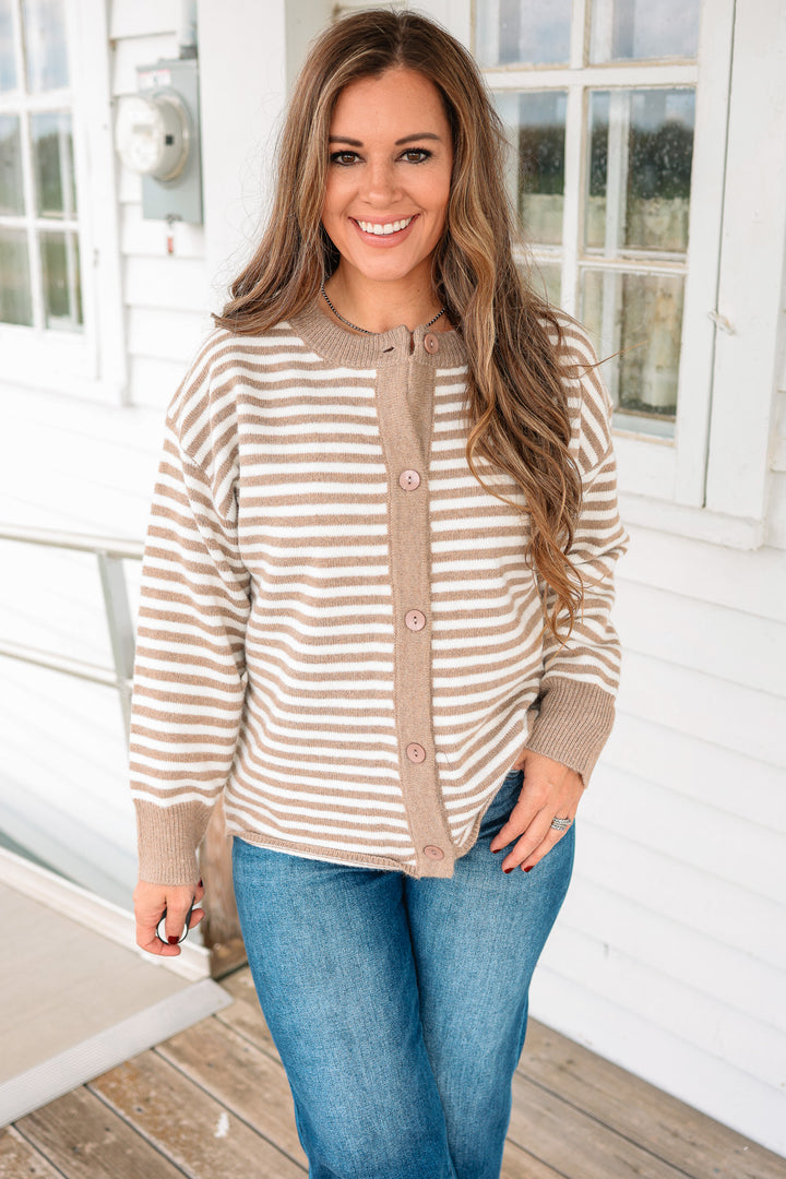 Jayla Striped Button Down Cardigan - Taupe