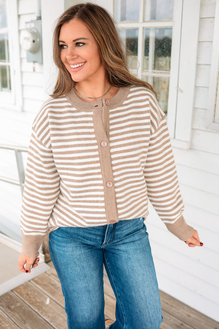 Jayla Striped Button Down Cardigan - Taupe