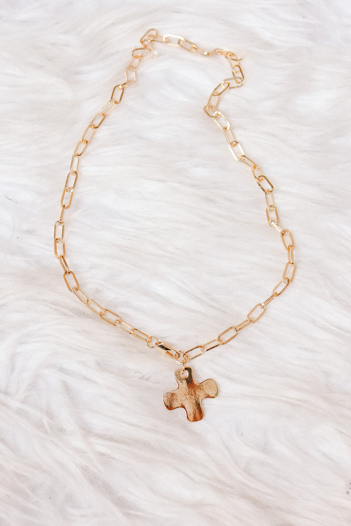 Hammered Cross Front Toggle Necklace - Gold