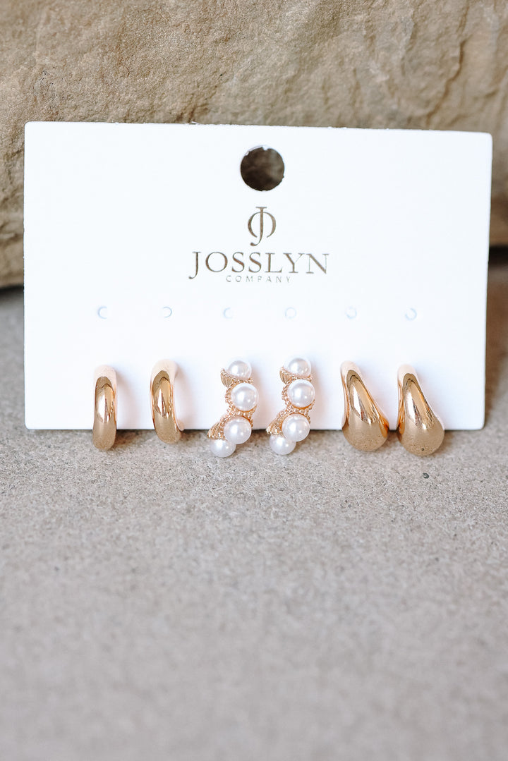 Trio Huggie Pearl Gold Hoop Earrings