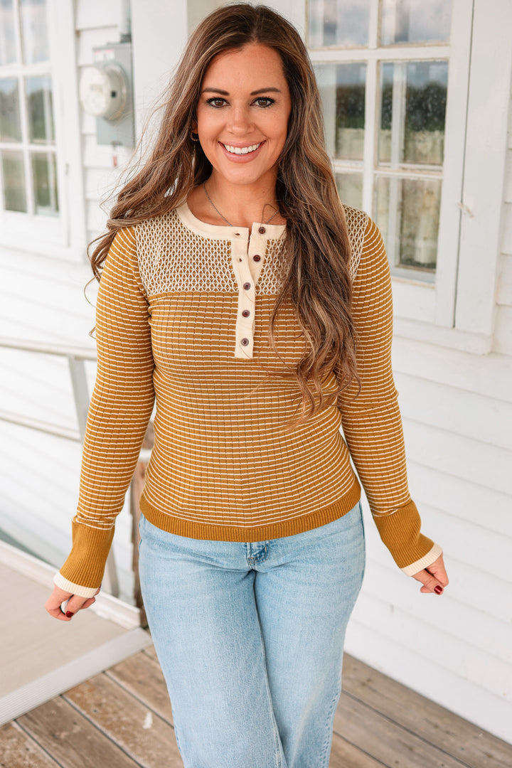 Mia Diamond Stitch Thermal Top - Dijon Mustard