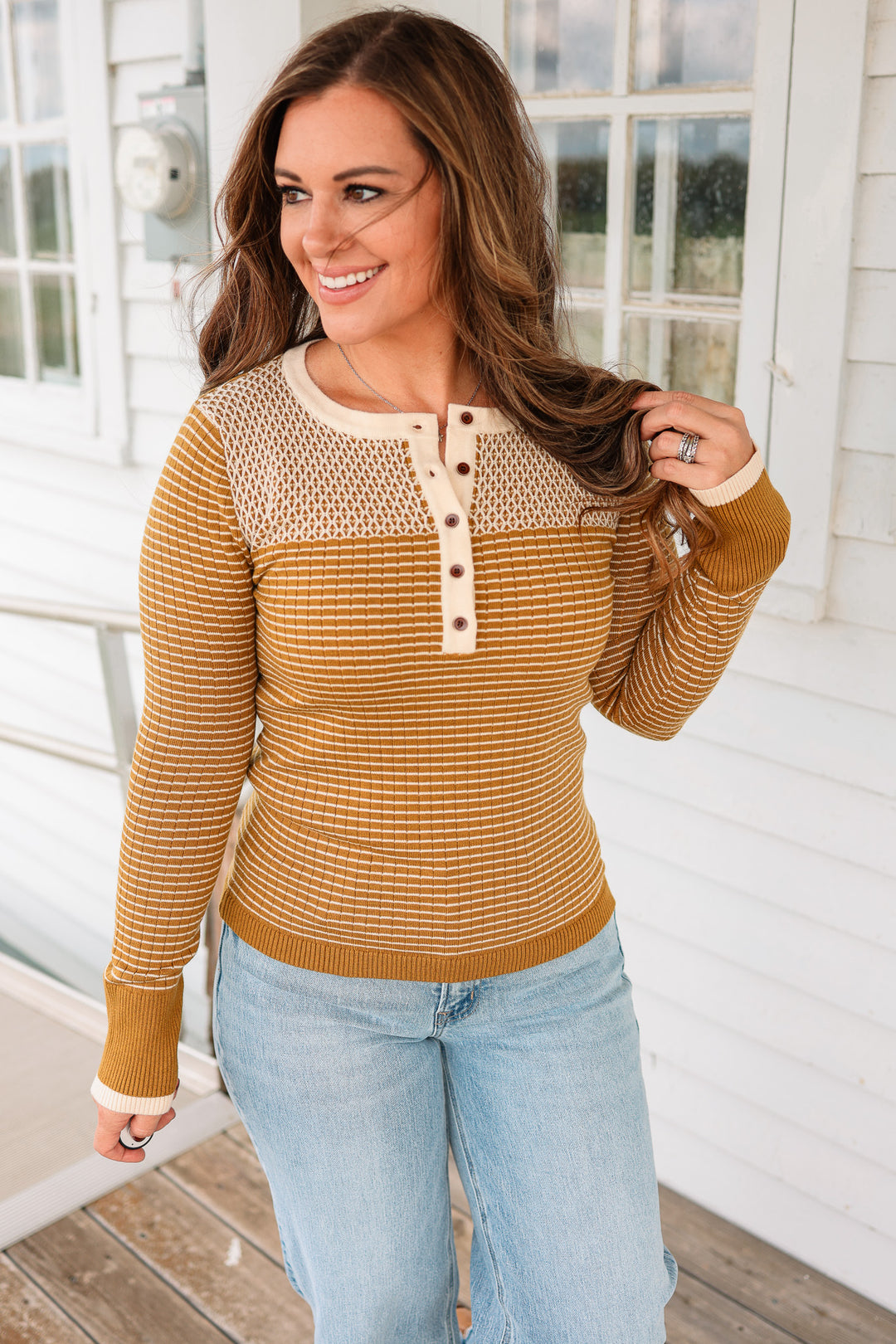 Mia Diamond Stitch Thermal Top - Dijon Mustard