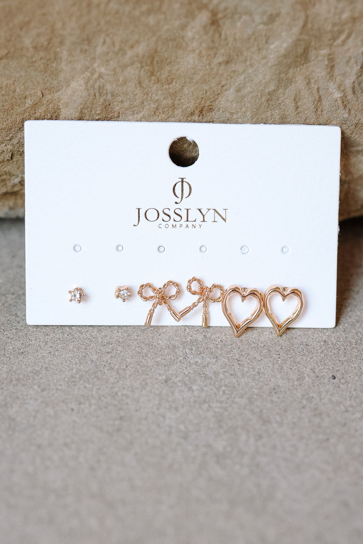Bow Heart Charm Earrings Trio