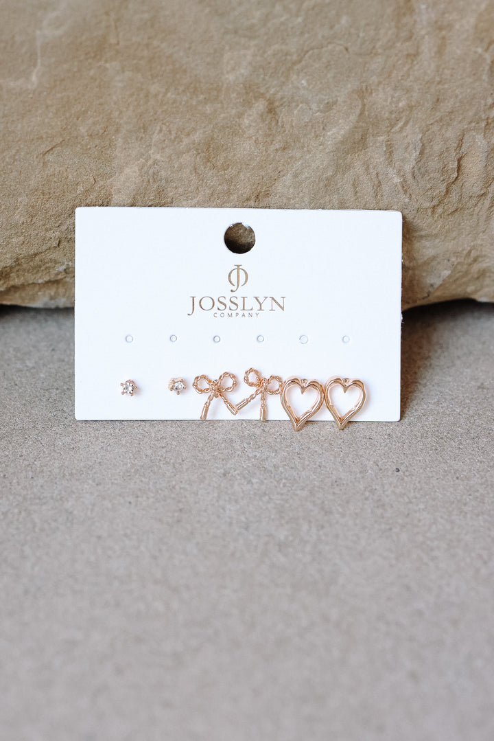 Bow Heart Charm Earrings Trio
