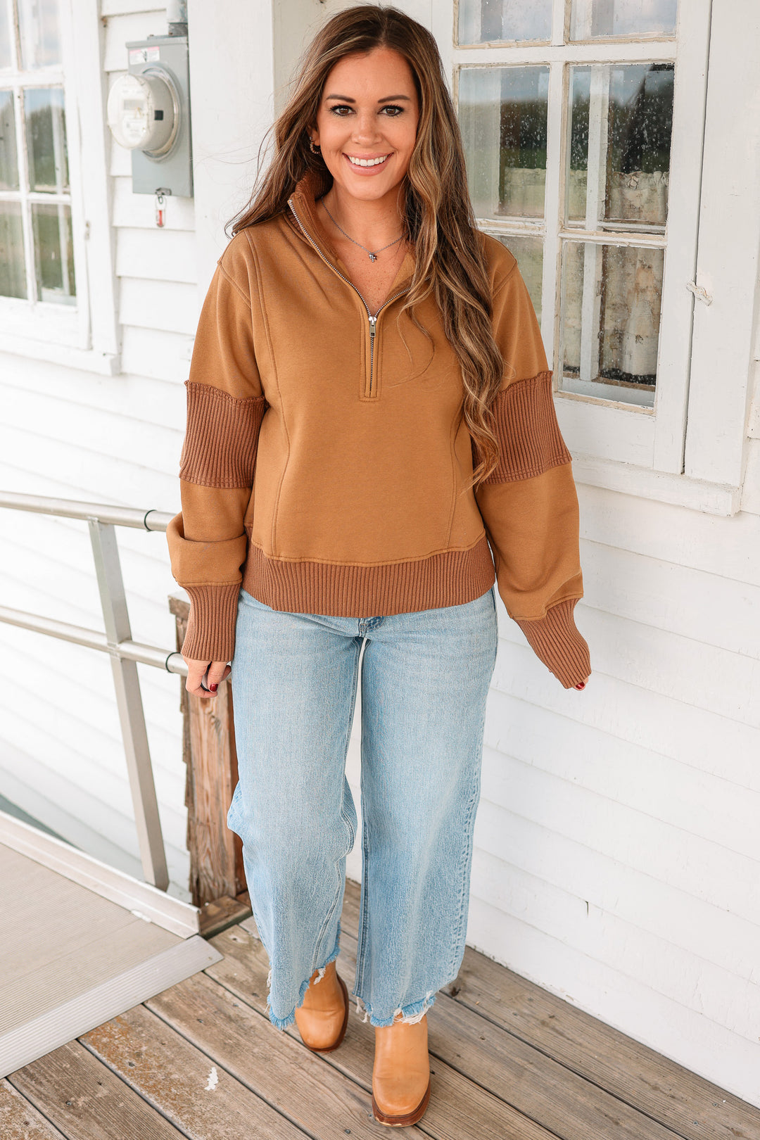 Megan Half Zip Terry Pullover - Sepia