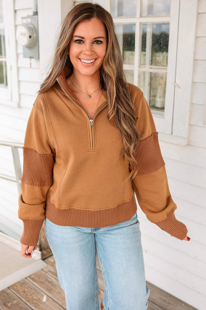 Megan Half Zip Terry Pullover - Sepia