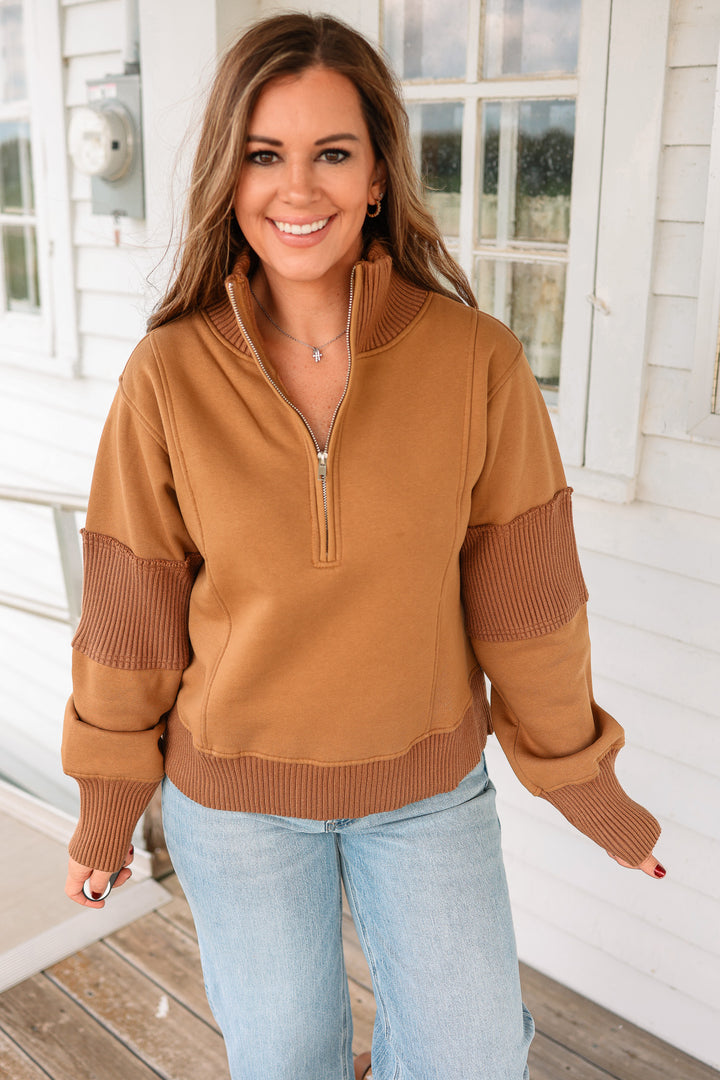 Megan Half Zip Terry Pullover - Sepia