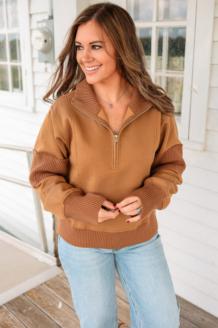 Megan Half Zip Terry Pullover - Sepia