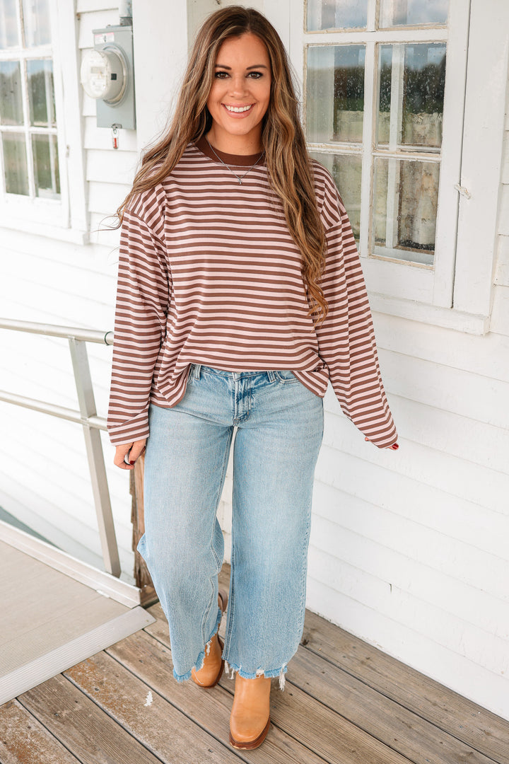 Noelle Stripe Long Sleeve Top- Brownie