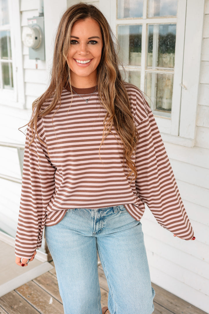 Noelle Stripe Long Sleeve Top- Brownie