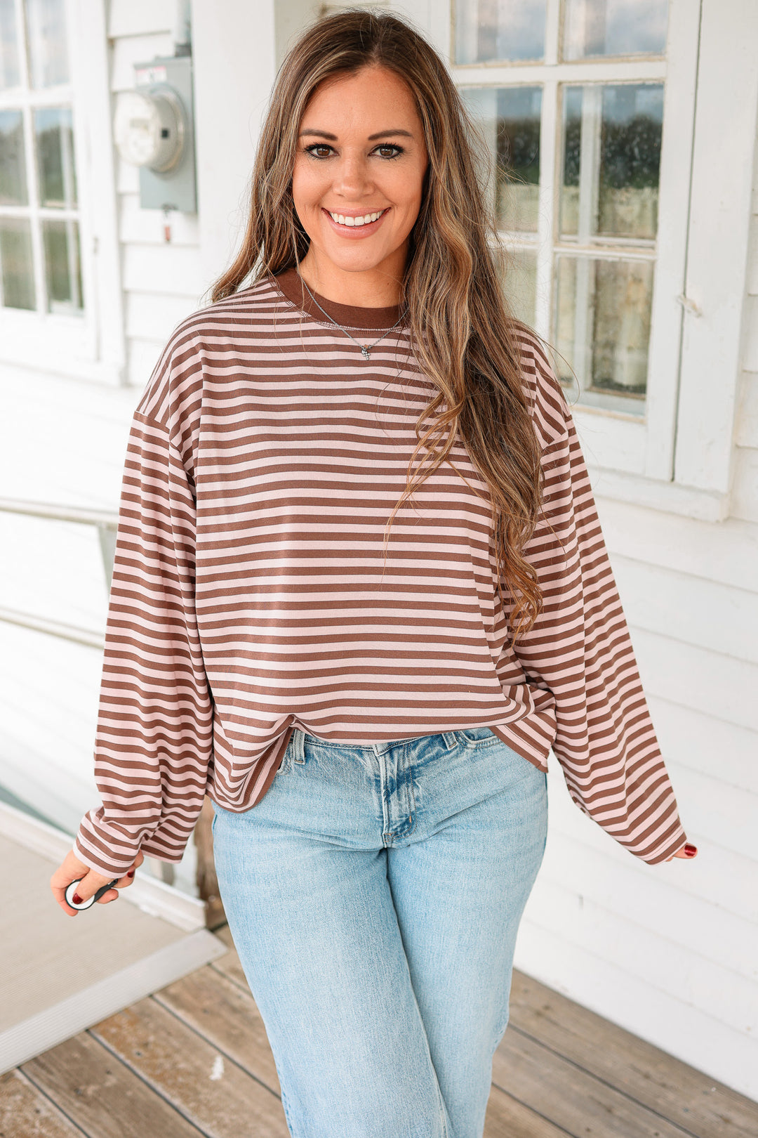 Noelle Stripe Long Sleeve Top- Brownie