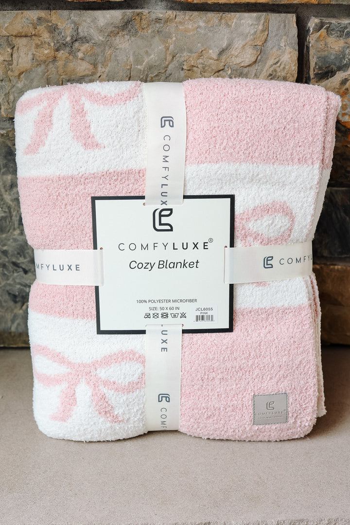 Ribbon Checkered Comfy Luxe Blanket - Light Pink