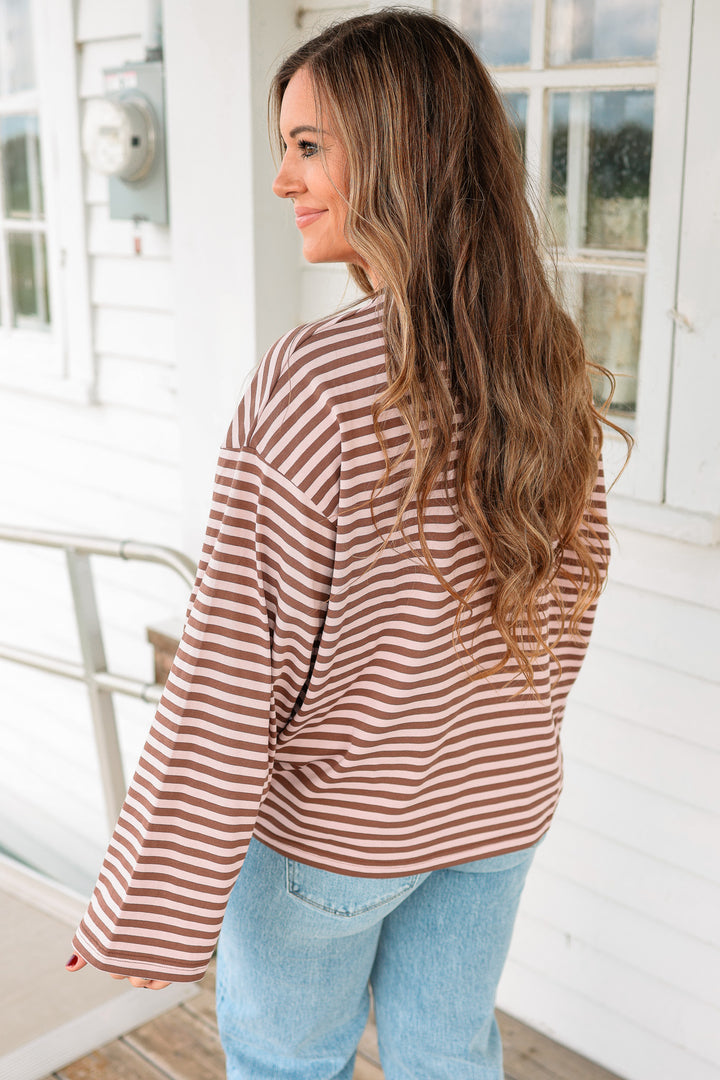Noelle Stripe Long Sleeve Top- Brownie