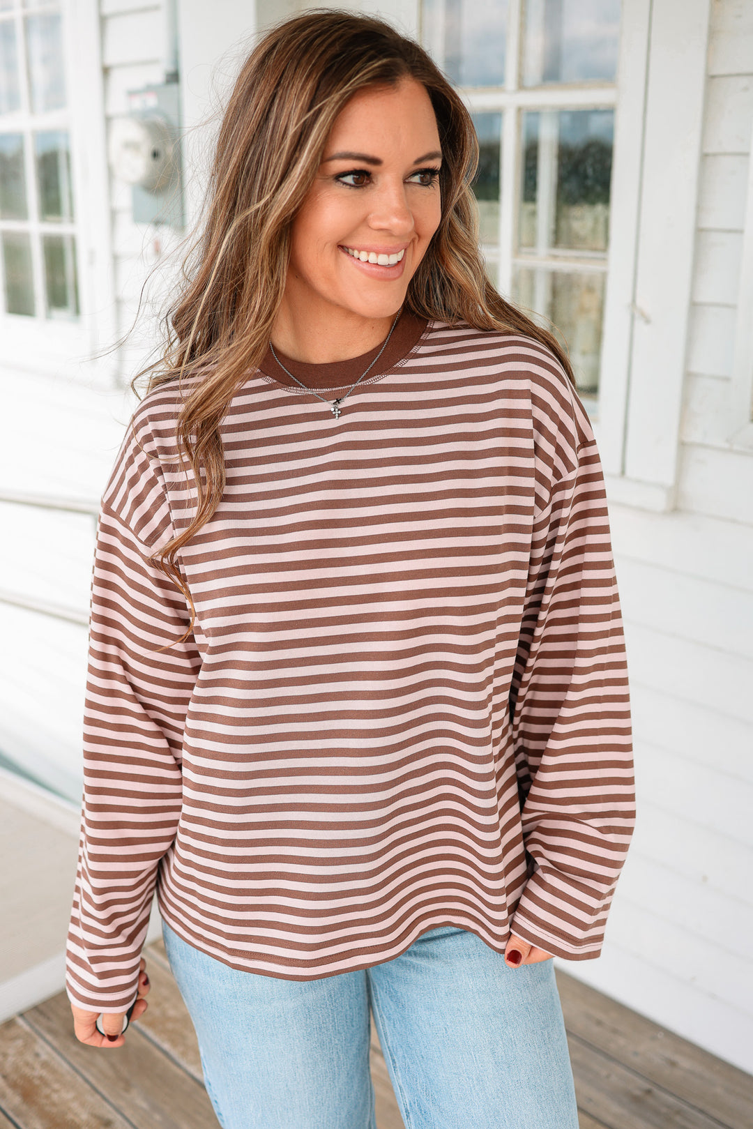 Noelle Stripe Long Sleeve Top- Brownie