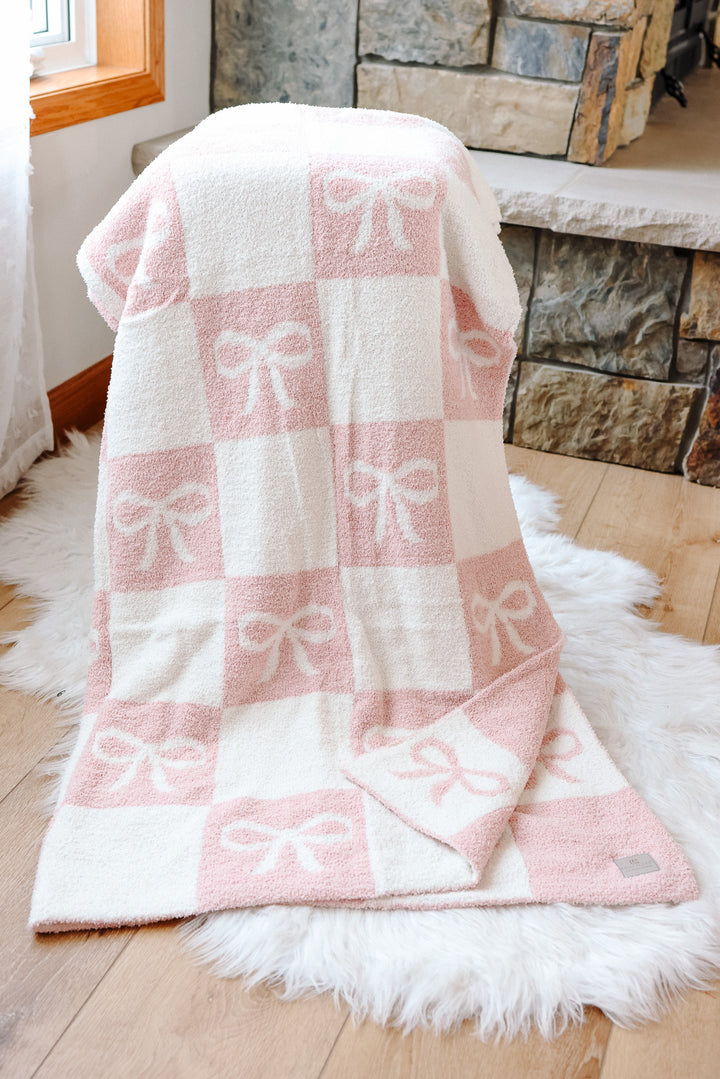 Ribbon Checkered Comfy Luxe Blanket - Light Pink