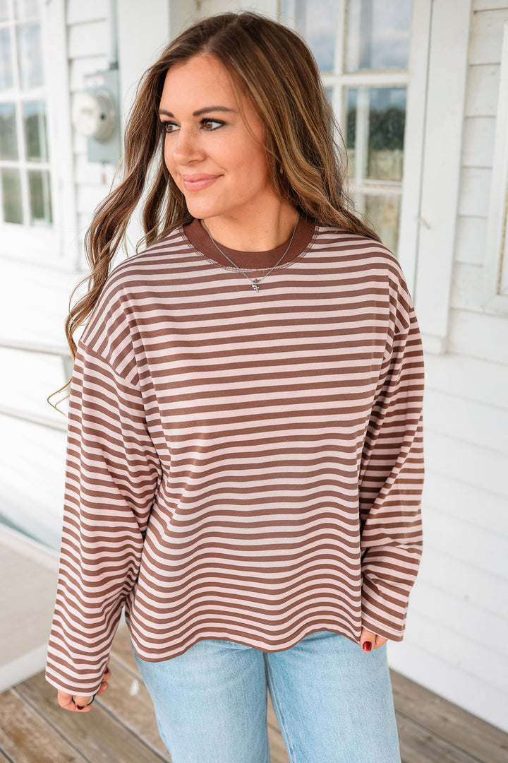 Noelle Stripe Long Sleeve Top- Brownie