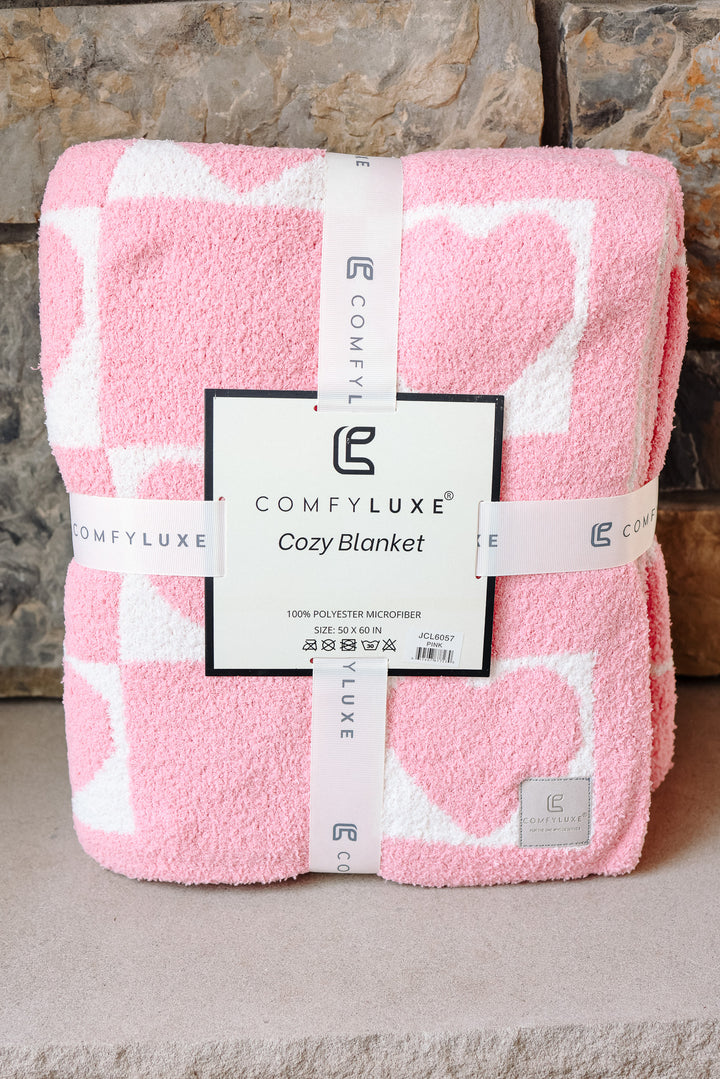 Heart Checkered Comfy Luxe Blanket - Light Pink