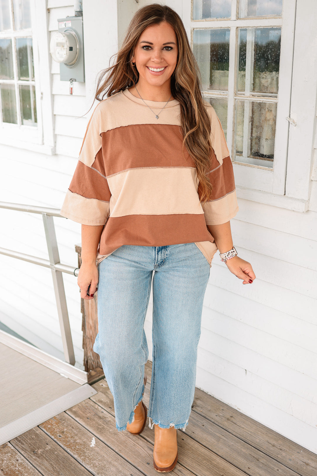 Polly Color Block Top - Natural Caramel