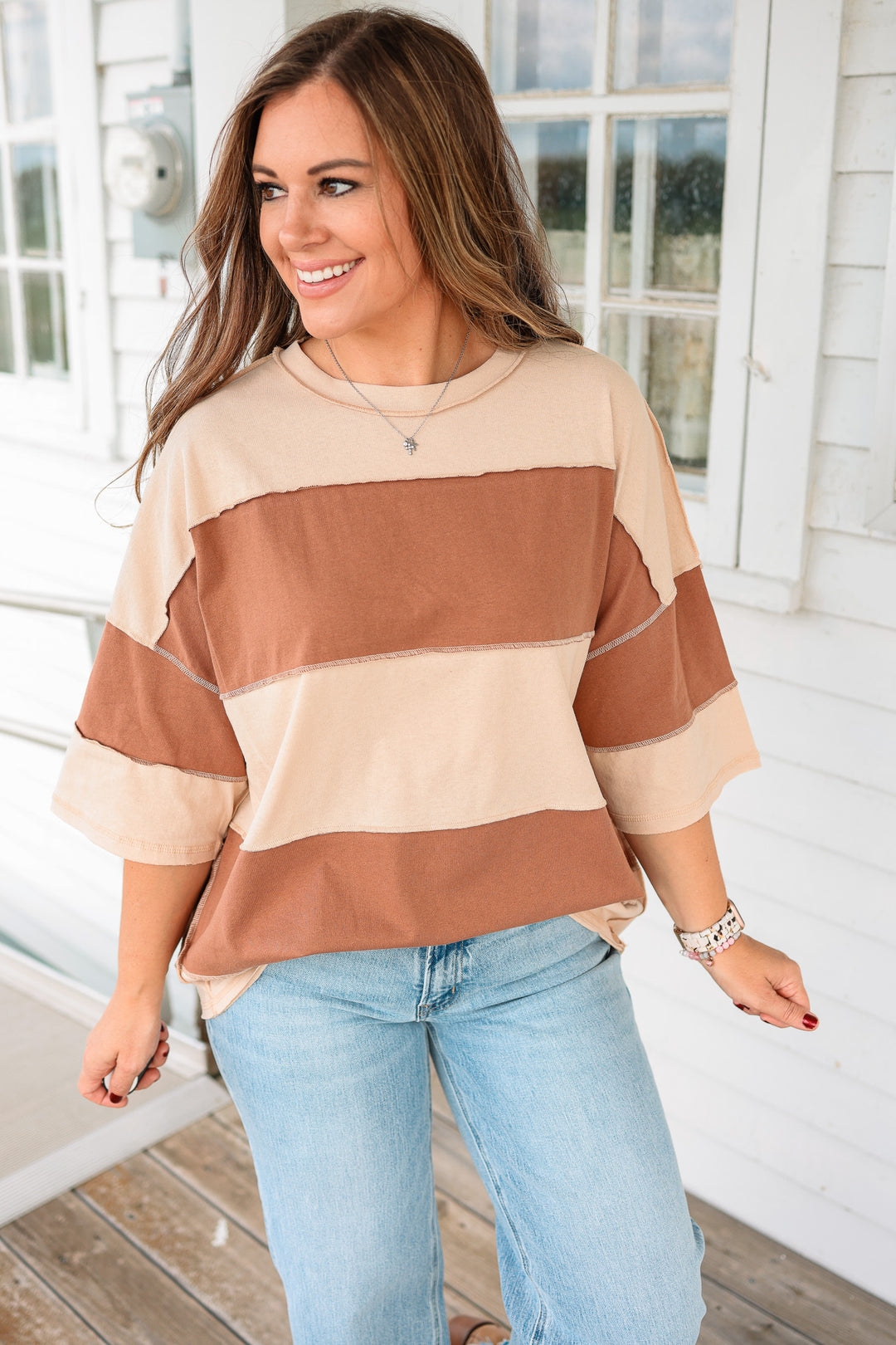 Polly Color Block Top - Natural Caramel