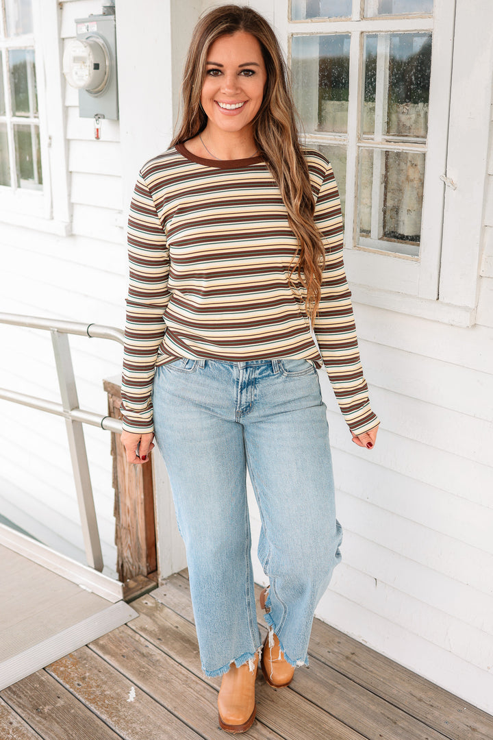 Greer Multi Stripe Ribbed Top - Brown