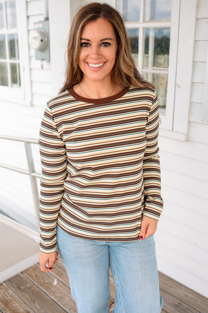 Greer Multi Stripe Ribbed Top - Brown